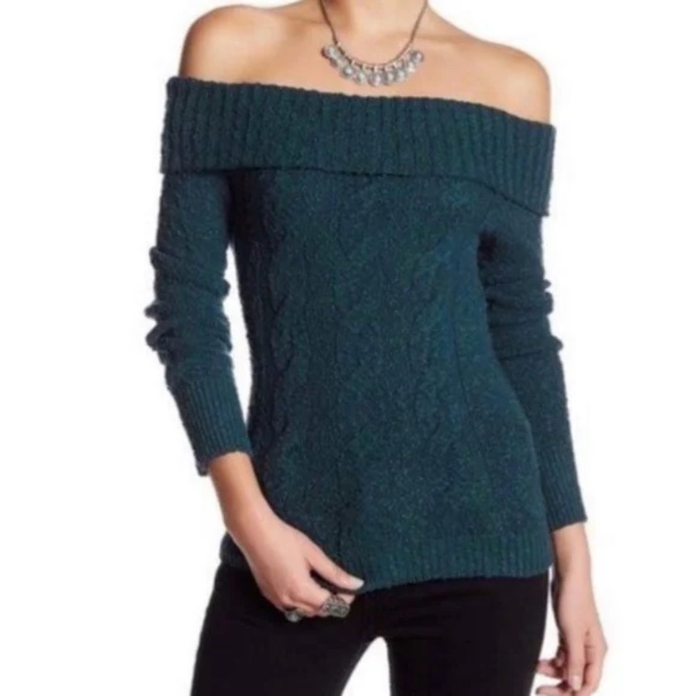 Free People off the shoulder teal cable knit sweater